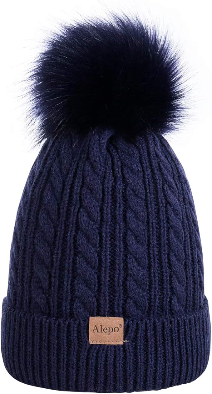 儿童冬季无檐*帽,儿童保暖羊毛内衬针织厚滑雪帽,带绒球,适合男孩女孩